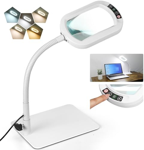 Veemagni 10X Rectangle Magnifying Glass with Light and Stand, Flexible Gooseneck LED Lighted Desk Lamp, 5 Color Modes Stepless Dimmable, Hands Free Magnifier for Reading Painting Close Work - White
