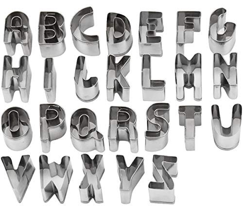 Duronge Juego de 26 cortadores de galletas de acero inoxidable con letras, letras de cortador de sellos de galletas, suministros para hornear pequeños sellos de galletas para fondant, pasteles,