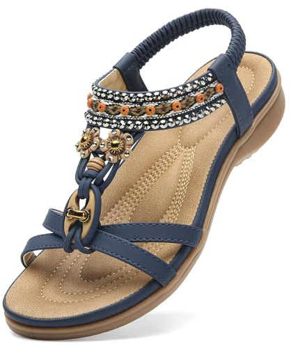 Littleplum Sandalen Damen Freizeit Flach Sandalette mit Strass Perlen Bohemia Strand Schuhe Casual Ankle Elastic Flip Flops