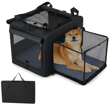 COSTWAY Hundebox faltbar, Transportbox Hund mit 2 Öffnungen, Fenster, Netzkorb, Griffen & Tasche, Hundetasche tragbar, für mittlere & große Haustiere, Metallrahmen, Schwarz (80 x 60 x 42 cm)