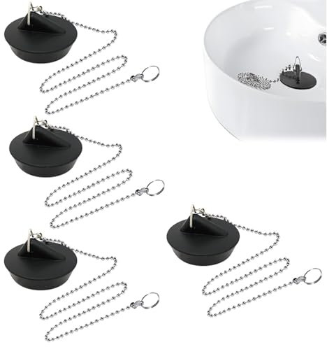 Tappo per Lavello in Gomma (4 Pezzi), Tappo per Vasca da Bagno con Catenella, per Cucina, Bagno, lavandino e Tappo di Scarico, Nero