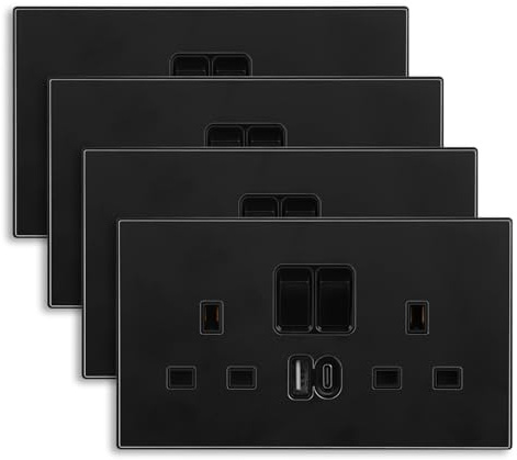 4 Pack CNBINGO Aluminium Steel Double Socket with USB Fast Charging - 20W Electric Power Socket with USB-A and Type-C, Black Smooth Aluminium Panel Wall Outlet