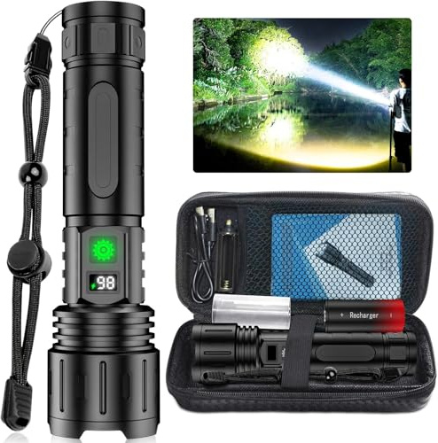 SWZEC Notfallpro Taschenlampe Weltweit Hellste LED – 100000 Lumen, Wasserfest, AluminiumWasserfest, Aluminium(Schwarze Ledertasche + Ba)