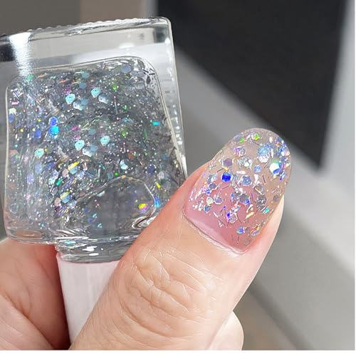 Summer Glitter Nail Polish, Quick Dry, Easy to Apply, No UV Lamp Needed, High Coverage & Long Lasting Gel Effect for Women (07# Crystal Confetti)