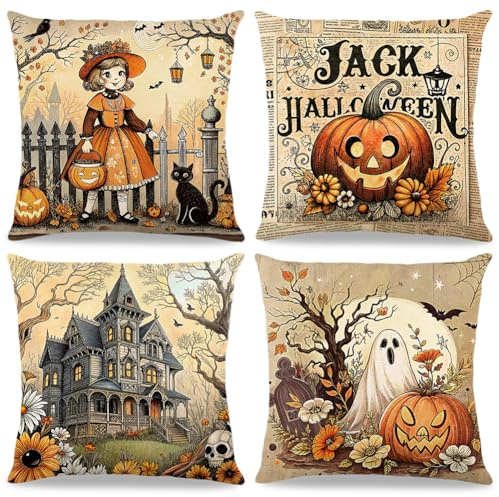 4 Stück Halloween Kissenbezug 40x40 Cm,Lustig Geister Deko Halloween Kissen Herbstdeko,Leinen Kissenbezüge,Quadratisch Dekokissen Sofakissen Bezug,Für Schlafzimmer Sofa Wohnzimmer Home Decor (B)