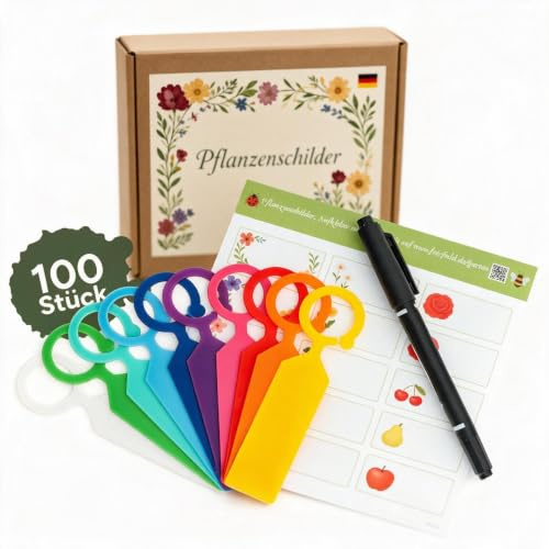 Fairfield Pflanzenhänger Set 100 Stück – Plastik Pflanzenetiketten wetterfest (je 10 Farbtöne) mit wasserfestem Stift & Stickern, beschriftbar & wiederverwendbar für drinnen & draußen