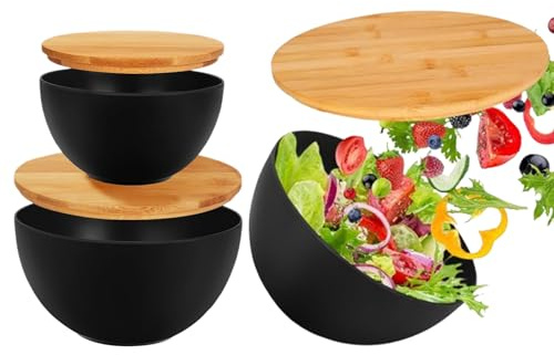 lyanny Bol de Service avec Couvercles,Ensemble de Récipients pour Salade - Contenants de Service et Rangement avec Couvercles en Bois Emboîtables pour Cuisine Aliments Légumes Fruits Pain Soupe Maison