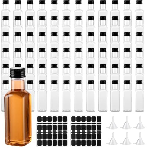 STARVAST Lot de 72 petites bouteilles de 50 ml à remplir, mini flacons en plastique, flacons à liqueur réutilisables, petites bouteilles de schnaps pour mariages, fêtes - avec pendentif, entonnoir