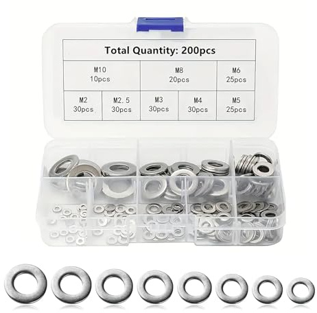 200pcs Arandelas Planas Acero Inoxidable,Surtido de Arandelas de Montaje,Ocho Tamaños M2、M2.5、M3、M4、M5、M6、M8、M10