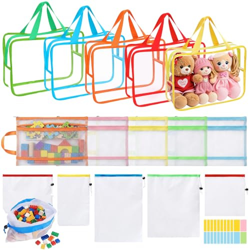 15 Pcs Toy Storage (Organization Mesh Bags with Drawstring, PVC Waterproof Organizer Bags, Clear Zipper Toy Storage Bags with Handles,Name Tag 10 Memo Cards) for Grocery, Shopping, Storage and Toys