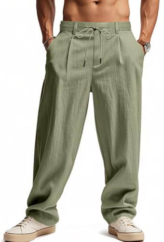 WINKEEY Pantaloni Lino Uomo Estivi Pantaloni Leggeri Baggy Eleganti con Tasche Elastico in Vita e Coulisse,Verde Militare XL