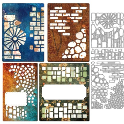 MAYJOYDIY Wand Hohlgrund Hintergrund Metall Schneidematrizen Unregelmäßige Backsteine Kohlenstoffstanzformen Schablonen Rad Quadratgitter Prägeschablone Matrize für DIY Papierbasteln Album Dekor
