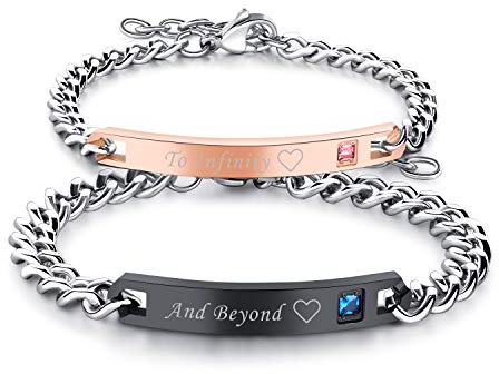 Cupimatch 2pcs CZ His and Hers Couple Bracelets Set, Adjustable Titanium Stainless Steel To Infinity And Beyond Love Matching Bracelet Link Jewelry Set,Black …