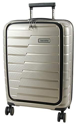 Travelite 4-Rad Handgepäck Koffer mit Vortasche erfüllt IATA-Bordgepäckmaß, Gepäck Serie AIR Base: Funktionaler Hartschalen Trolley im coolen Look, 075346-40, 55 cm, 43 Liter, Champagner (beige)