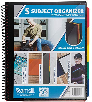 Samsill Organiseur scolaire à spirale 5 sujets avec bloc-notes amovible, dossier tout-en-un, 5 intercalaires avec 10 poches, dossier multi-poches et porte-documents