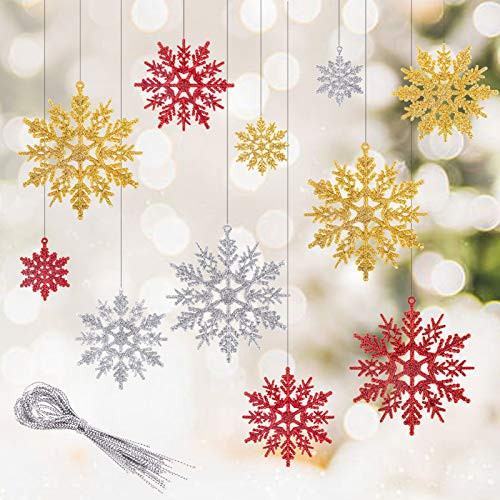 30 Stück Schneeflocken Weihnachten Deko, Glitzer Schneeflocke Anhänger Schneeflockendeko für Weihnachtsbaumschmuck (Rot, Gold, Silber)