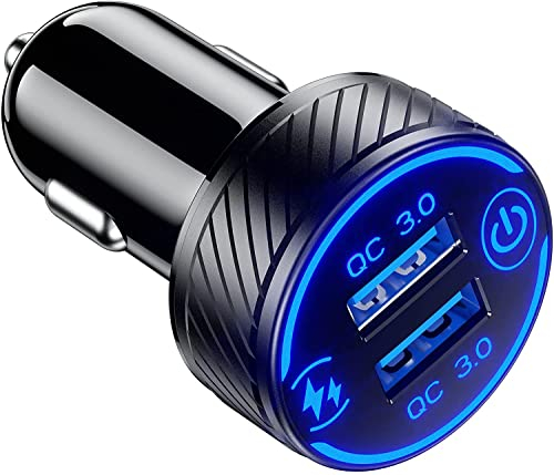 KEWIG Dual QC3.0 Port Fast USB Car Charger, 36W/3A Quick Charge Car Phone Charger with Blue LED & Touch Switch Fit for Phone 12/11 Pro/Max/8, Galaxy S21/20/10/9
