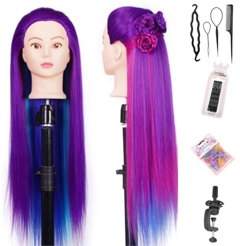 Testa per parrucchieri,26 Testina Parrucchiere Capelli Testa per Acconciature Testa Parrucchiera con Staffa+ DIY Accessori per Capell (Viola 4 colori)