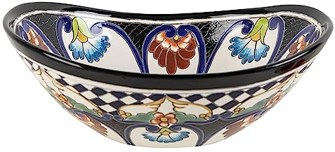 Cerames Hermosa Prima - Aufsatzwaschbecken mit Relief verziertes, Mexikanisches Talavera-Becken mit bootsförmigem Relief | 46 x 38 x 15 cm Aufsatzwaschtisch aus Mexiko für rustikales Bad, Küche