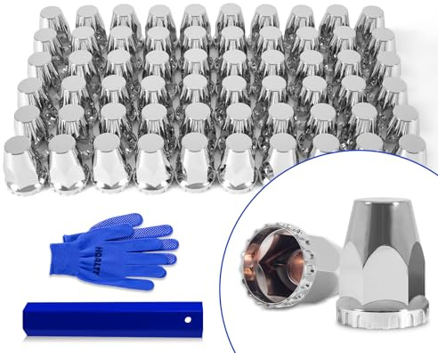 HQALTY 60Pcs Lug Nut Covers 33mm Flat Top Thread-on Nut Covers for Semi Trucks ABS Chrome Plastic Nut Covers with 1 Pair of Gloves and 1 Cover Puller