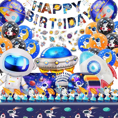 Bemoseng 102 PCS Weltraum Deko Partygeschirr, Astronaut Deko, Astronauten Ballon, Geburtstagsfeierdekorationen im Weltraumthema Set, Pappteller Weltraum.