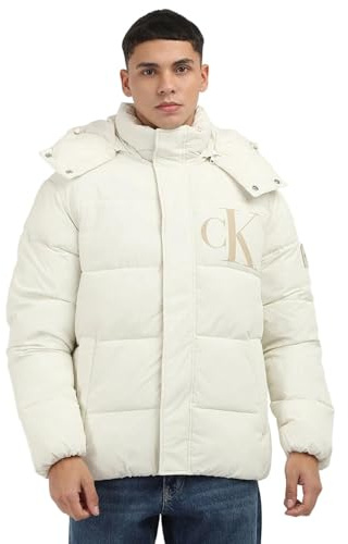 Calvin Klein Herren Pufferjacke Essentials mit Kapuze, Weiß (Ivory), XS