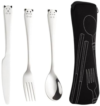 EORPAVU Set di posate per ragazzi,Posate, forchette e cucchiai in acciaio inossidabile 304, modello cartone animato, set di stoviglie portatili per bambini (3 pezzi con scatola)
