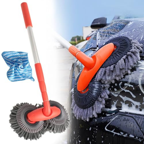 Rotating Car Mop, Double Head Car Wash Mop with Long Handle & Towel, Rotating Double Brush Head Car Wash Mop Head,Microfiber Double Head Car Wash Brush Long Handle Caravan Cleaning Brush (1/Set Mop)