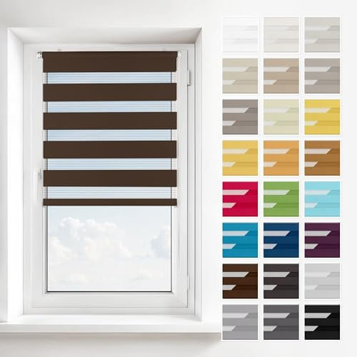 Estika Doppelrollo ohne Bohren, Schnelle 2 in 1 Montage - Klemmfix, Wand- oder Deckenmontage - Braun - 30 x 150 cm - Rollos für Fenster ohne Bohren, Fenster rollos für innen