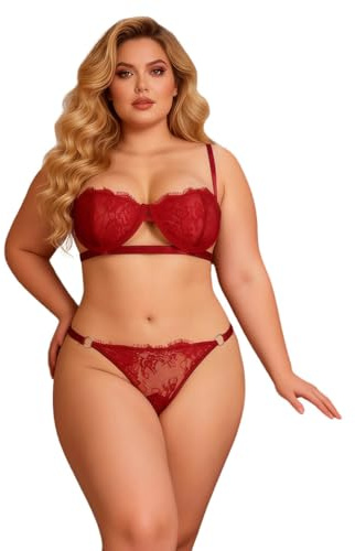 ohyeahlady Talla Grande Conjunto de lencería Mujer Encaje Ajustable Sujetador Braga Cintura Baja Slips Elástico Tanga Bikini Ropa Interior Dormir Set Lingerie Fiesta Pijama Rojo,XL