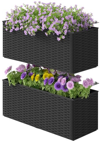 Outsunny Set of 2 Hanging Flower Boxes, 50 cm Long, Rattan Look Flower Pot with Drainage Holes and Hooks, Railing Box for Fence Balcony Garden, Black