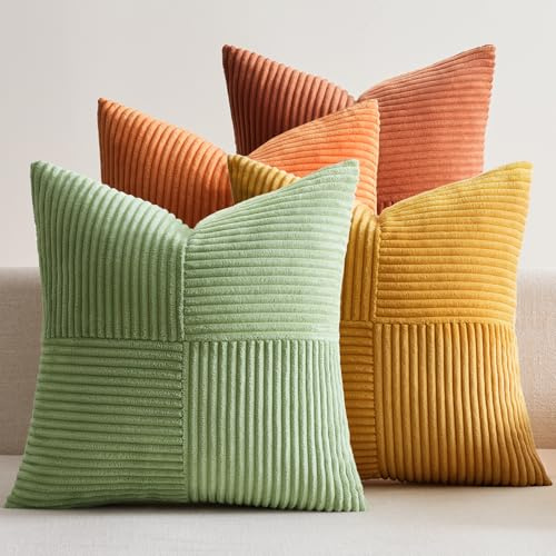EMEMA Set med 4 kuddfodral i ribbad sammet - Höstliknande patchworkmönster - 50 x 50 cm - För soffa, fåtölj, hem, sovrum - Orange/grön