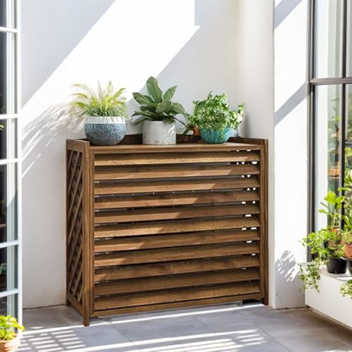 Klimaanlage Abdeckung Außengerät Holz Verkleidung Für Wärmepumpe Und Klimaanlagen Sichtschutzzaun Holz Blumenregal Balkon Wetterfest UV-Schutz Schutzgitter Abdeckung Klimaanlage Außengerät(120x57x100c