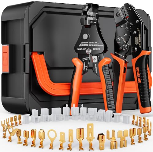 SOMELINE Juego de alicates de crimpado para casquillos planos de 0,25 a 2,5 mm², 40 tipos (2,8/3,9/4,8/6,3/7,8 mm) con conectores planos y alicates pelacables, terminales de cable no aislados y