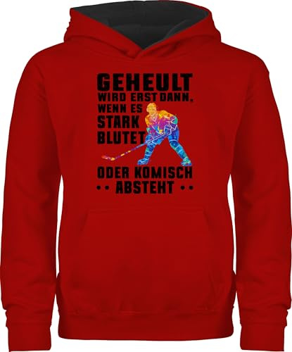 Pullover Kinder Hoodie Jungen Mädchen - Geheult wird erst wenn es stark blutet I Eishockey Geschenk Eishockey Geschenkideen Ice Hockey Fans - 140 (9/11 Jahre) - Rot/Schwarz - für eishockeyfans