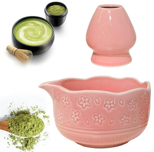 Leikurvo Juego de Matcha: cuenco para matcha con boquilla y soporte, juego de té tradicional japonés matcha de cerámica para la preparación perfecta, regalo para los amantes del matcha (rosa)