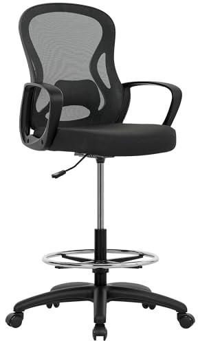 Vinsetto Drafting Chair with Adjustable Footrest, Ergonomic Mesh Office Chair with Lumbar Support, Adjustable Height for Standing Desk, Black