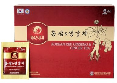 SAMSIDAE - Thé au Ginseng Rouge & Gingembre de Corée, Énergie, digestion & immunité, À infuser chaud ou froid, Racines de 6 ans, Qualité Supérieure, Boîte de 50 Sachets