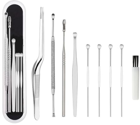 Gatuida Kit Limpiador De OíDos De 8 Piezas Con Pinzas Y Cucharas De Acero Inoxidable Mango Antideslizante Estuche PortáTil Para ExtraccióN Y Masaje De Cerumen En Casa