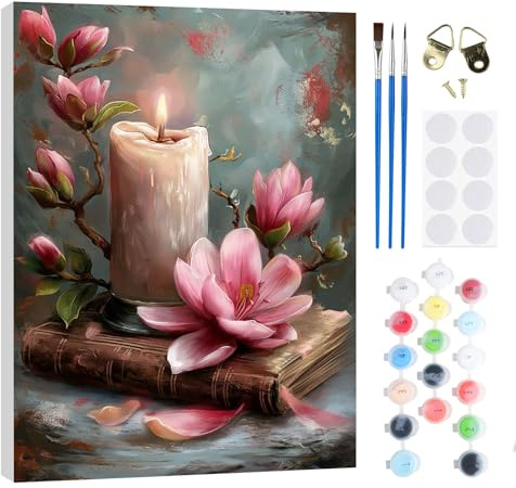 RICUVED Flor Pintar por Numeros Adultos Mujer con Marco,Vela DIY Cuadros para Pintar por Numeros con Caballete de Madera, Pintura Acrilica Manualidades Adultos Decoracion 20x30cm
