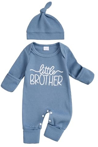 BeliBacca Newborn Little Brother Baby Boy Outfits Long Sleeve Letter Embroidery Crew Neck Romper Jumpsuit Hat Set One Piece Infant Toddler Boy Fall Outfits (Blue, 0-3 Months)