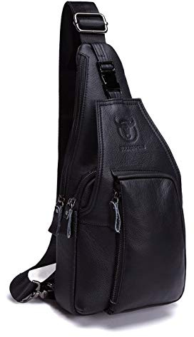 BULLCAPTAIN Bolso Hombres de Pecho Bolsa Bandolera, Cuero genuino Crossbody Bolso de hombro Bolsos de mochila Mochila Messenger Bag Daypack para el negocio Casual Sport Hiking Travel Negro