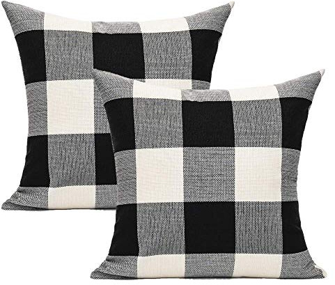 VAKADO Outdoor Plaid Throw Pillow Covers 18x18 Set of 2, Black & White