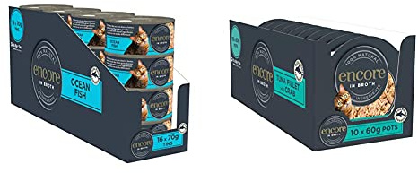 Encore 100% Natural Cat Food Tin 1x(16x70g) Ocean Fish, Pack of 16 & 100% Natural Wet Cat Food Pot, Succulent Tuna with Pacific Crab in Broth 60 g Pot (Pack of 10)