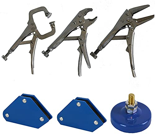 Mini Mehrzweck Schweißzubehör Set | 2x Magnet-Schweißwinkel (45° 90° 135°) 1x Magnet-Masseklemme | C-Zwinge | Grip-Zange | Nadelzange | für kleine Schweißarbeiten oder Lötarbeiten