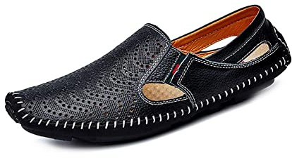 Mens Läder Kör Loafer Lättviktig Slip-On Perforerad Andas Vandring Båt Skor Platt Tofflor Utomhus Mockasin Svart 42/43 EU
