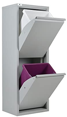 Poubelle pour tri sélectif | EcoPatty | Récolte différenciée | Meuble en métal | Gain de place | Intérieur, extérieur | 2 compartiments | 2 seaux | 30 litres | déjà monté | Gris