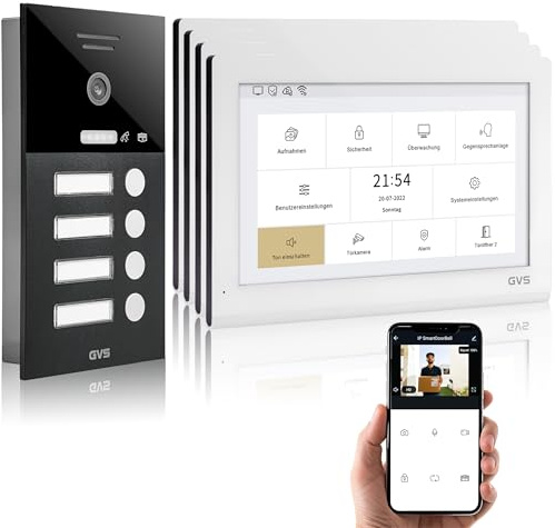 GVS - IP Video Türsprechanlage 4 Familienhaus mit Türöffner, HD Kamera, 4X 10 Zoll Monitor & App - Smarte Video Türklingel mit Kamera & Gegensprechanlage (AVS5417U)