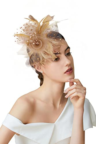BABEYOND Maglia Piuma Fascinator Fiore Fermacapelli Fascinators Cappello Da Sposa Copricapo Matrimonio Chiesa Tea Party Derby Cappelli Gara, Oro, Taglia unica
