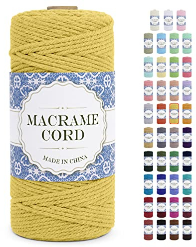 Uiopa Hilo Macrame 3mm x 100m Cuerda Macrame Gruesa Cuerda de Algodon Natural de 4 Hilos, Hilo de Macrame Cordel para Manualidades Macrame Pared Cortina Colgador de Plantas Decoración (Limon Amarillo)